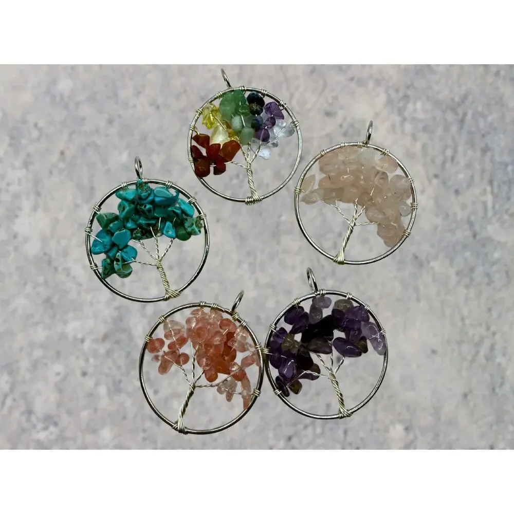 Turquoise Tree of Life Silver Necklace Crystal Pendant Fairycore Boho